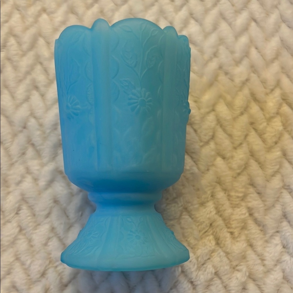 Fenton Panel Daisy Satin Blue Emboss Glass Vase Toothpick Candle Holder Vintage